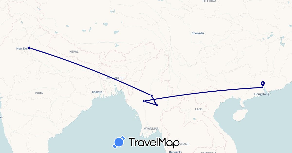 TravelMap itinerary: driving in China, India, Myanmar (Burma) (Asia)