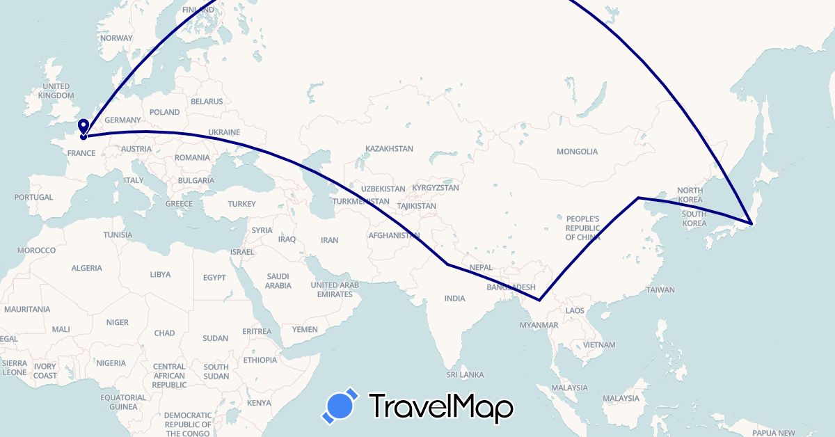 TravelMap itinerary: driving in China, France, India, Japan, Myanmar (Burma) (Asia, Europe)